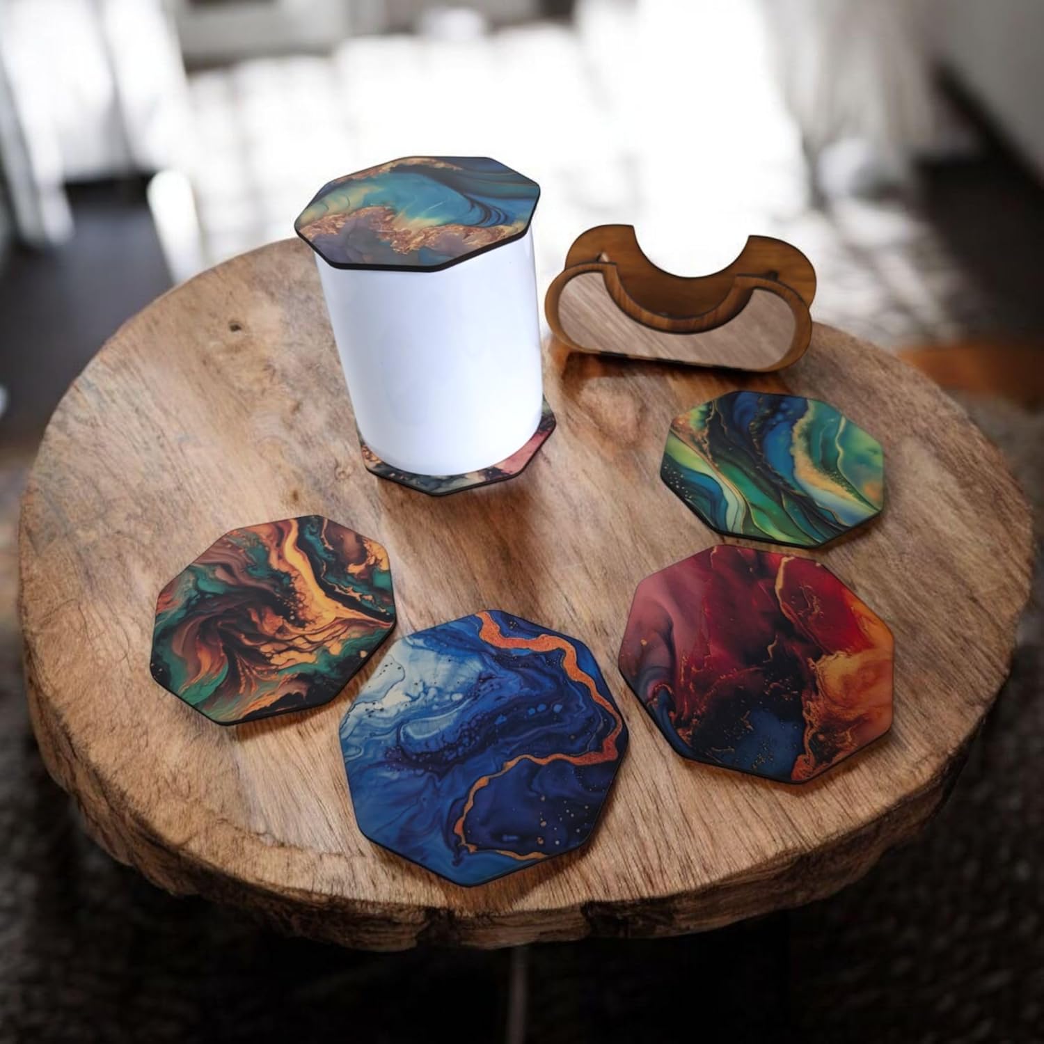 Woodiography Designer Marble Pattern Octagonal Wooden Coasters for Cups and Mugs, 8.5 x 8.5 cm, Set of 6 with Holder