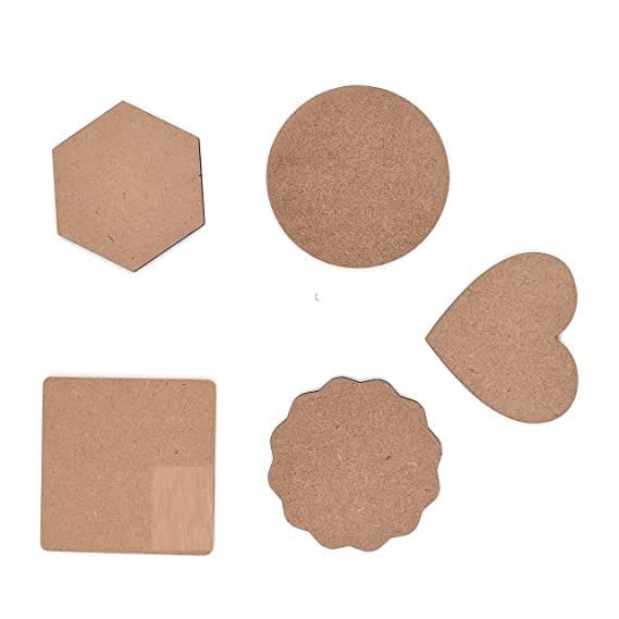 Woodiography DIY Wooden Coasters, Mixed Shapes Squre Round Hexagon Heart Flower Shape, Set of 30, MDF Craft Boards for Art Projects