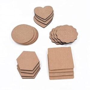 Woodiography DIY Wooden Coasters, Mixed Shapes Squre Round Hexagon Heart Flower Shape, Set of 30, MDF Craft Boards for Art Projects