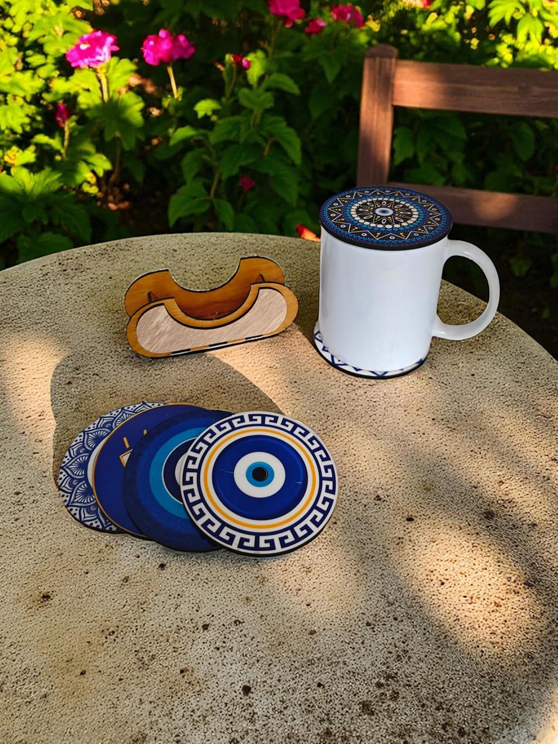 Woodiography Evil Eye Decorative Coasters, Set of 6 with Stand, 3.5 mm Round, Blue and Gold Design, for Hot and Cold Beverages