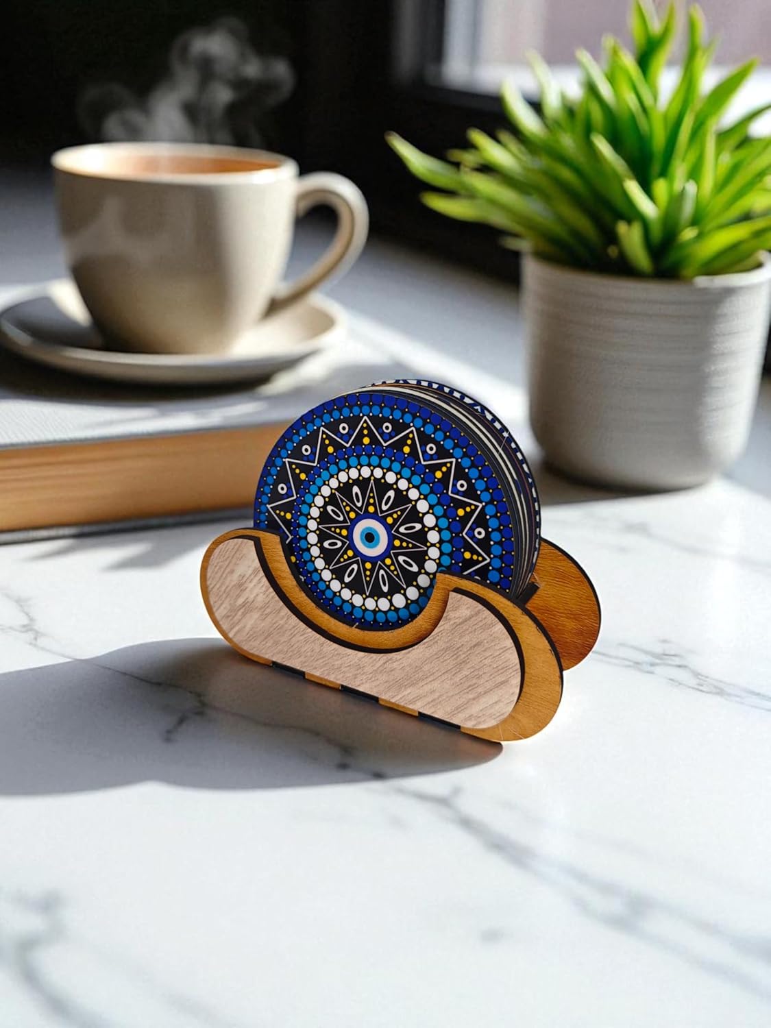 Woodiography Evil Eye Decorative Coasters, Set of 6 with Stand, 3.5 mm Round, Blue and Gold Design, for Hot and Cold Beverages