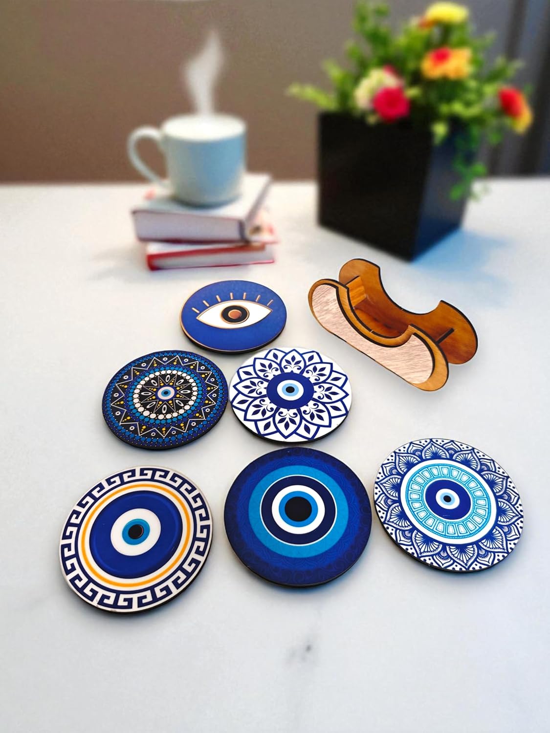 Woodiography Evil Eye Decorative Coasters, Set of 6 with Stand, 3.5 mm Round, Blue and Gold Design, for Hot and Cold Beverages