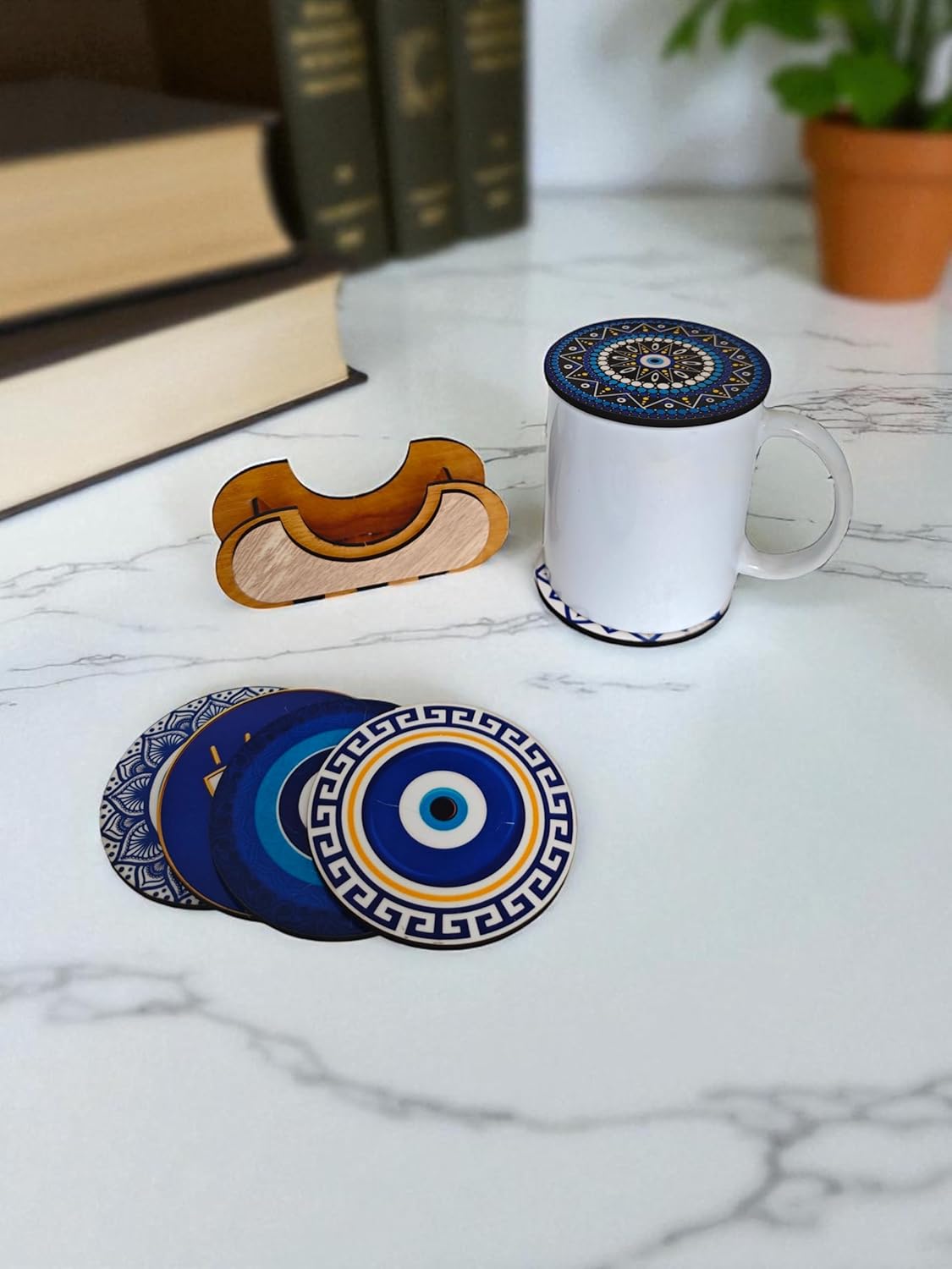 Woodiography Evil Eye Decorative Coasters, Set of 6 with Stand, 3.5 mm Round, Blue and Gold Design, for Hot and Cold Beverages