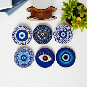 Woodiography Evil Eye Decorative Coasters, Set of 6 with Stand, 3.5 mm Round, Blue and Gold Design, for Hot and Cold Beverages