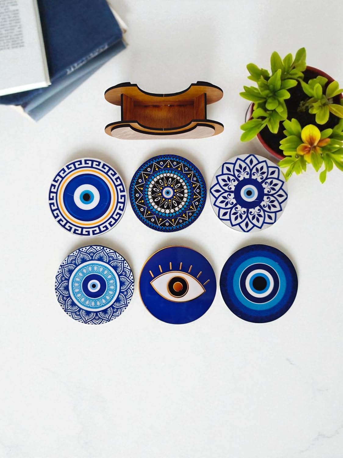 Woodiography Evil Eye Decorative Coasters, Set of 6 with Stand, 3.5 mm Round, Blue and Gold Design, for Hot and Cold Beverages