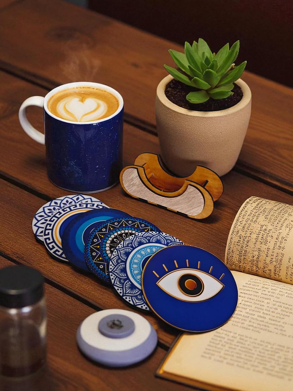 Woodiography Evil Eye Decorative Coasters, Set of 6 with Stand, 3.5 mm Round, Blue and Gold Design, for Hot and Cold Beverages