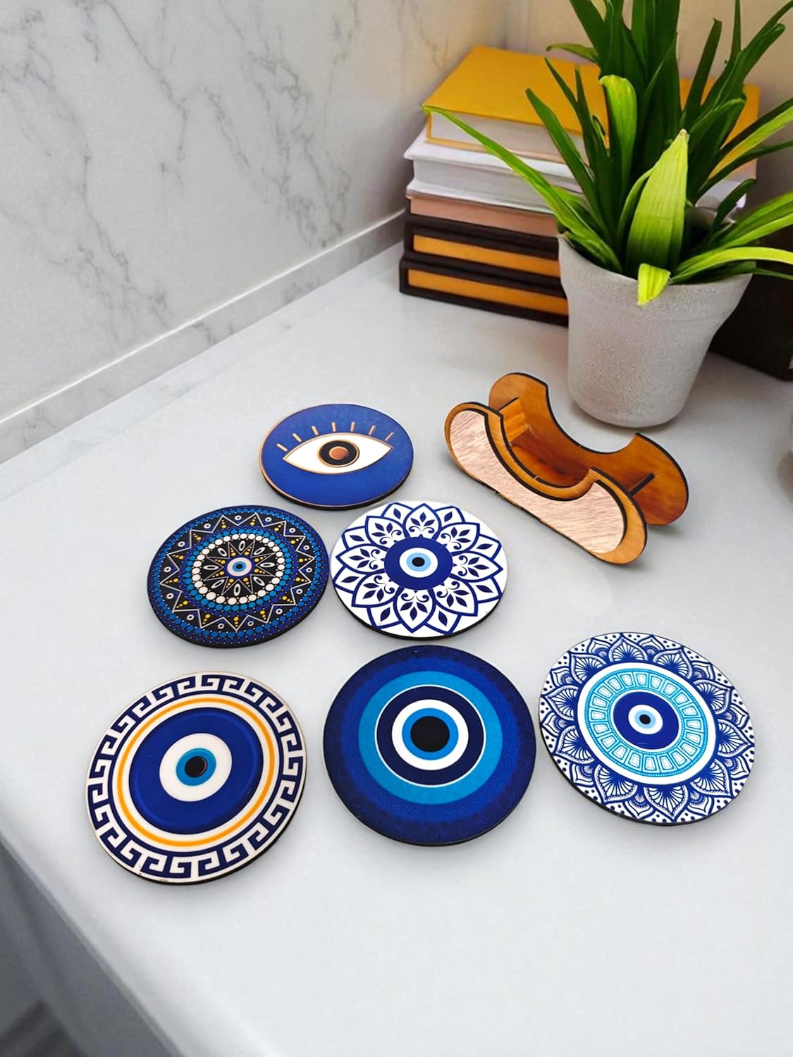 Woodiography Evil Eye Decorative Coasters, Set of 6 with Stand, 3.5 mm Round, Blue and Gold Design, for Hot and Cold Beverages