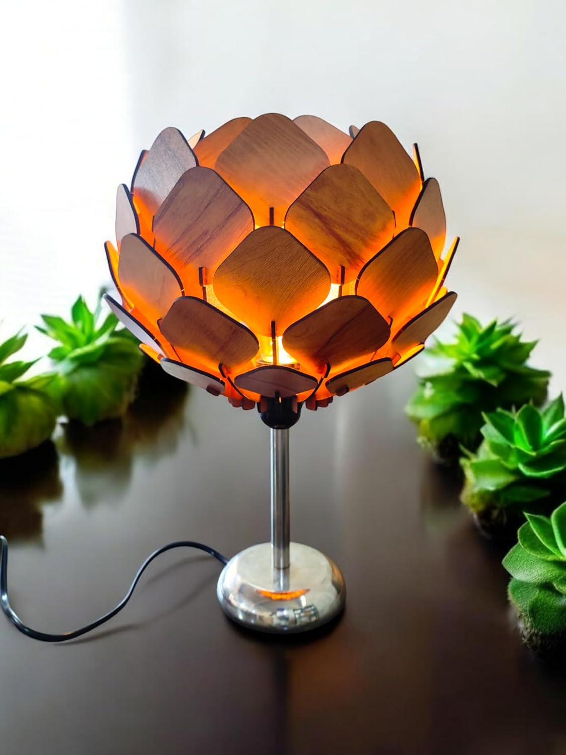 woodiography Handcrafted Wooden Table Lamp, Minimalist Lighting for Bedroom, Living Room & Office, Eco-Friendly Desk Lamp, LED Bulb Compatible, Rustic Home Décor Accent Light