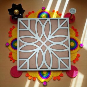 Woodiography MDF Rangoli for diwali, Decorative Flower Pattern, 28 cm x 28 cm, 5mm Thickness, White and brown