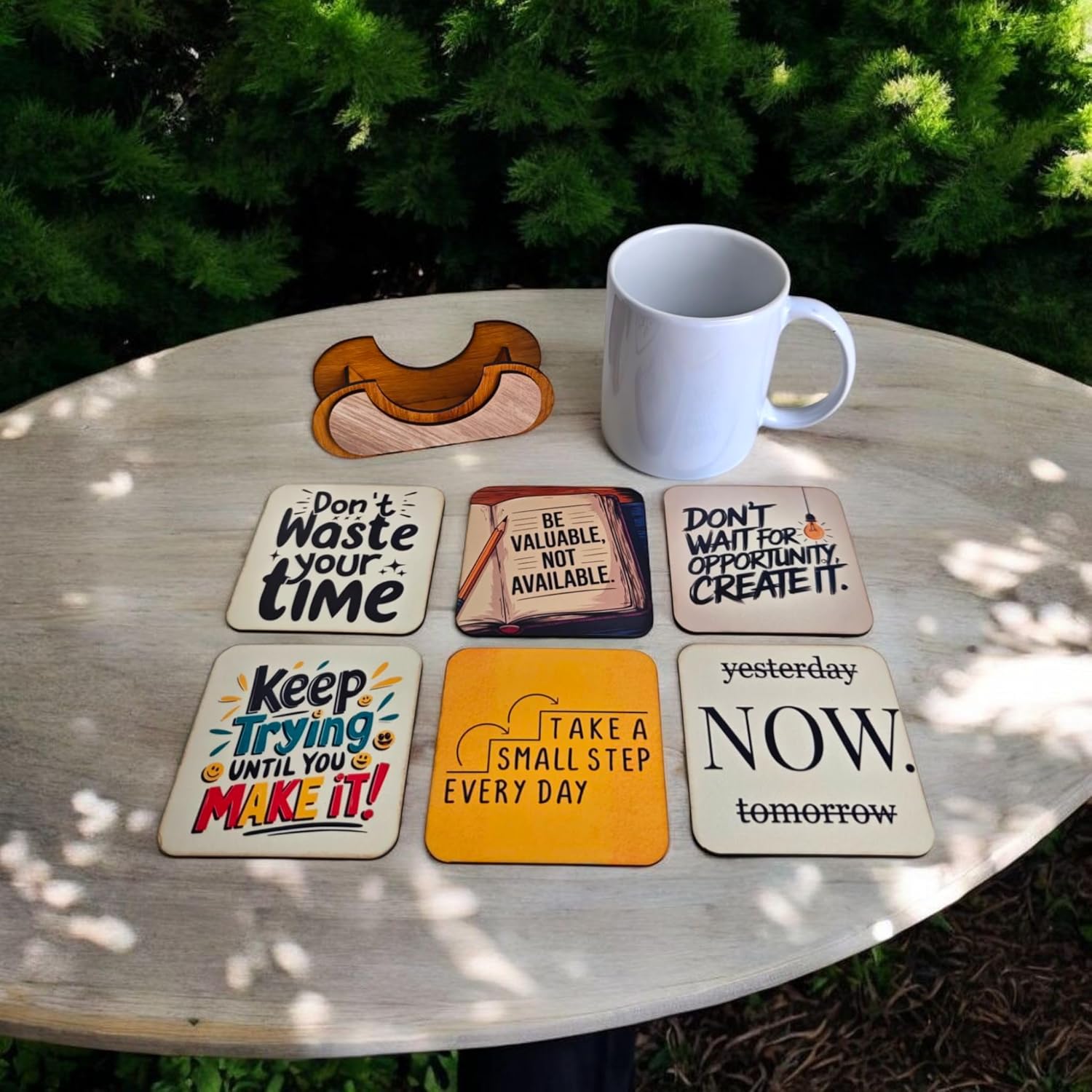 Woodiography Motivational Quotes Wooden Coasters with Holder, 85mm x 85mm, Set of 6 Suitable for Tea Cup Coffee Mug Drink Cup