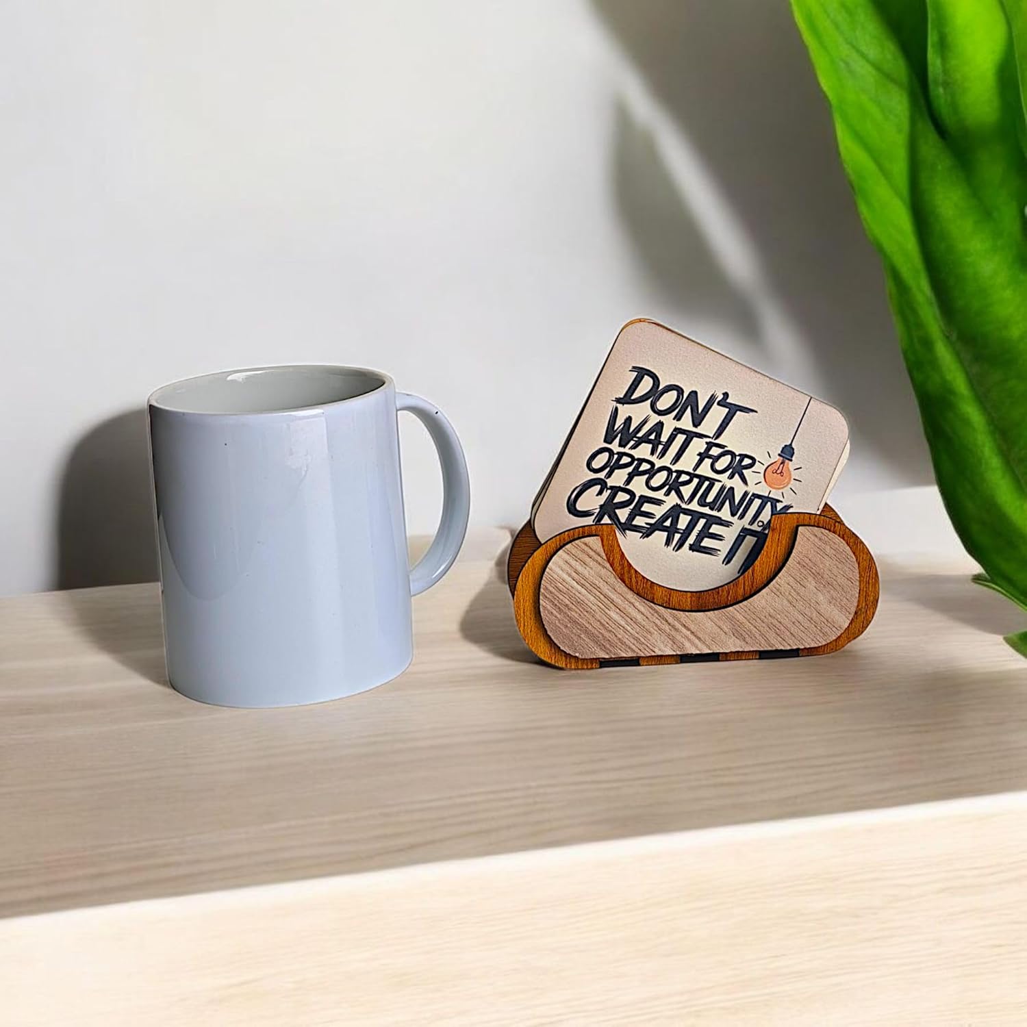 Woodiography Motivational Quotes Wooden Coasters with Holder, 85mm x 85mm, Set of 6 Suitable for Tea Cup Coffee Mug Drink Cup