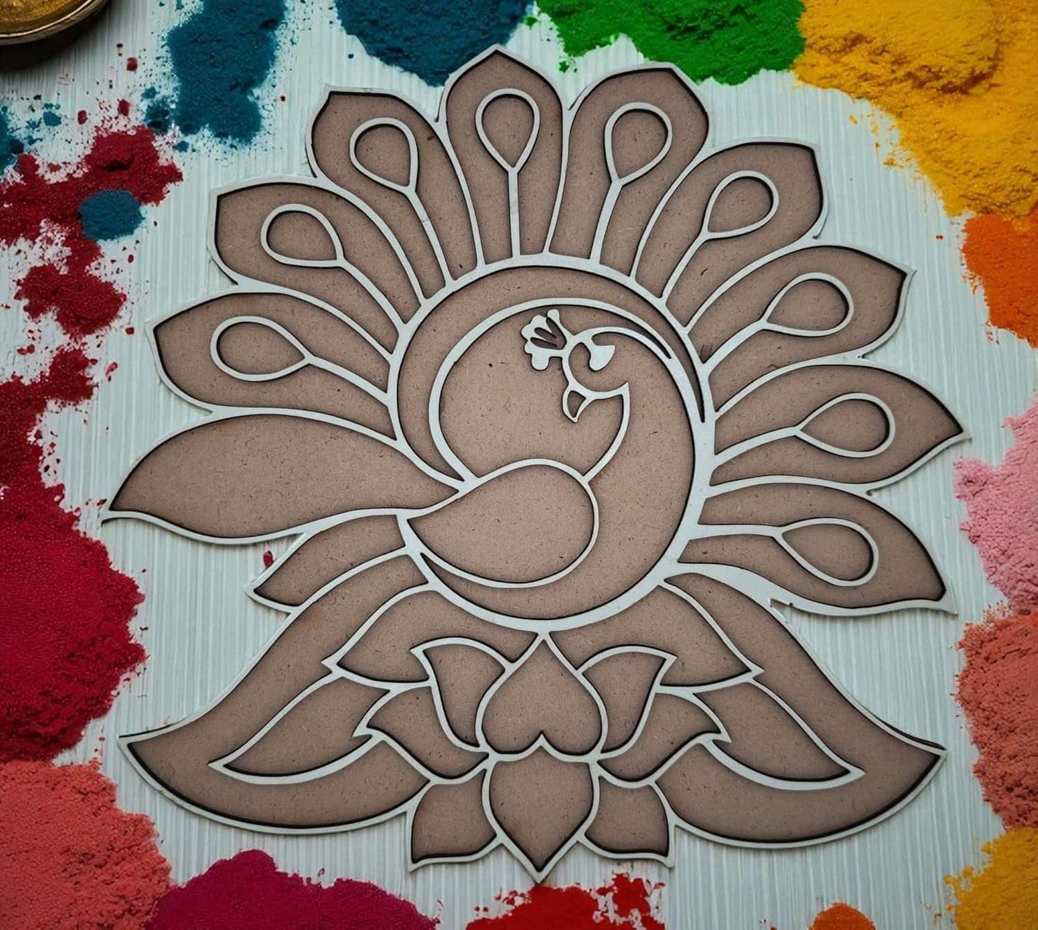 Woodiography Peacock Theme MDF Rangoli, 28 cm x 28 cm, 5 mm Thickness, Diwali Home Decoration