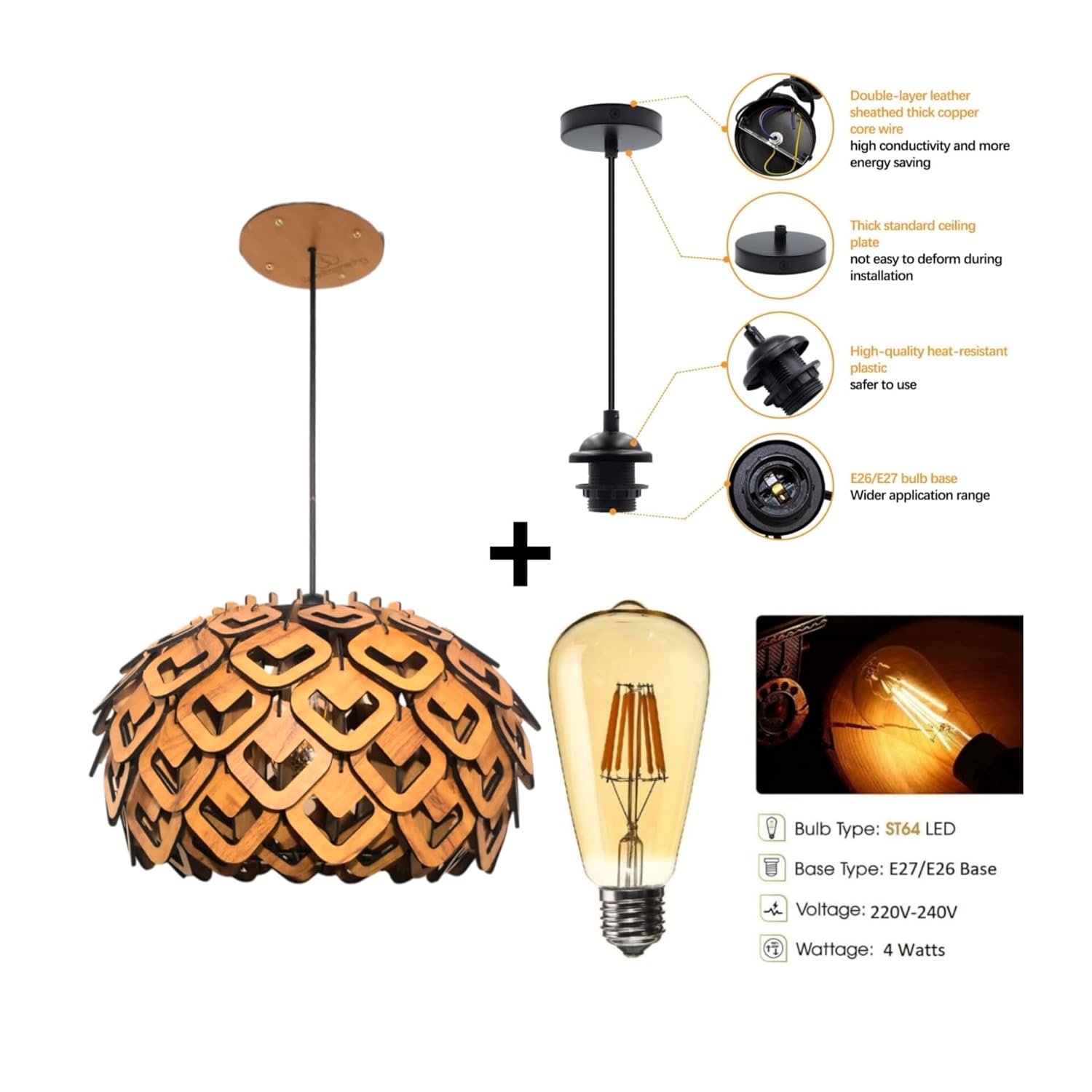 woodiography Pinecone Pendant lamp, Wooden Ceiling lamp, Wooden Hanging lamp handicrafted Home decore Chandelier Light (Big CL001)
