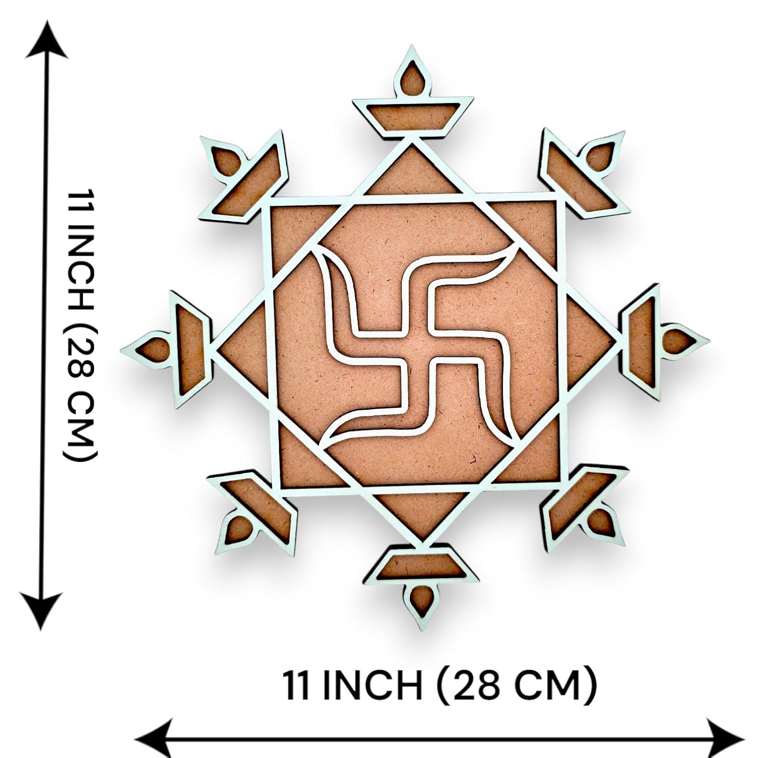 Woodiography Swastik and Diya Theme MDF Rangoli Cutout, 28 cm x 28 cm, 5 mm Thickness