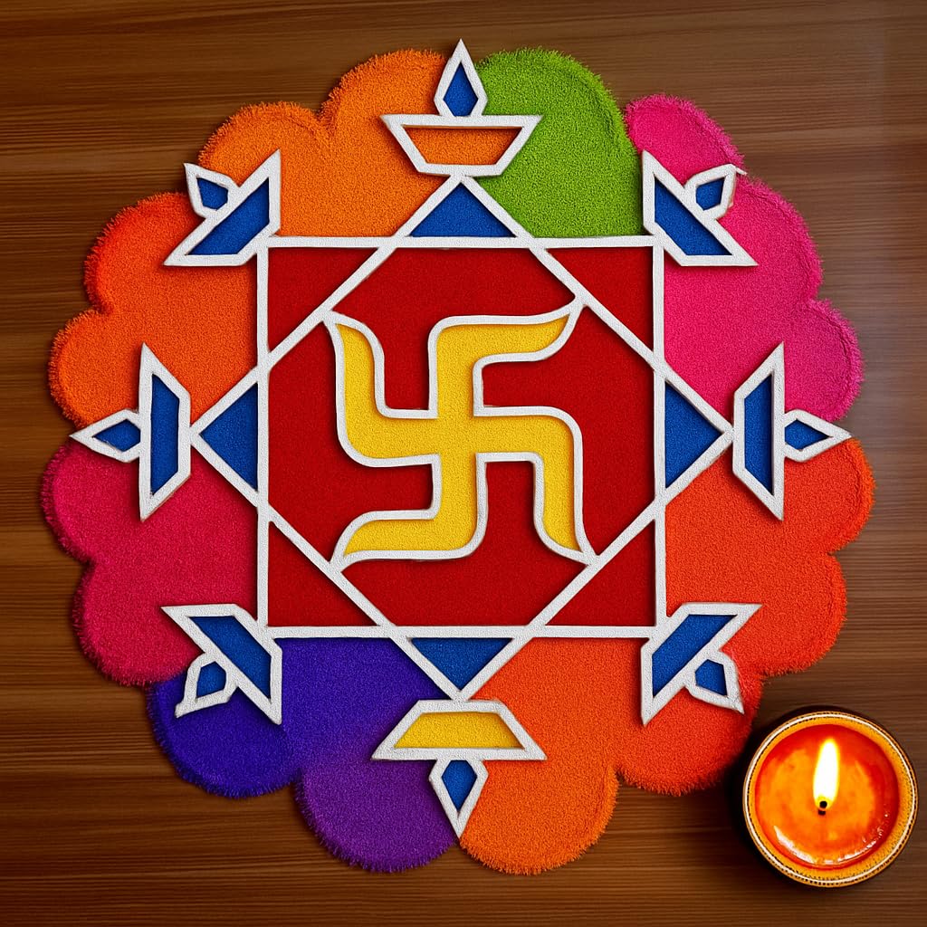 Woodiography Swastik and Diya Theme MDF Rangoli Cutout, 28 cm x 28 cm, 5 mm Thickness