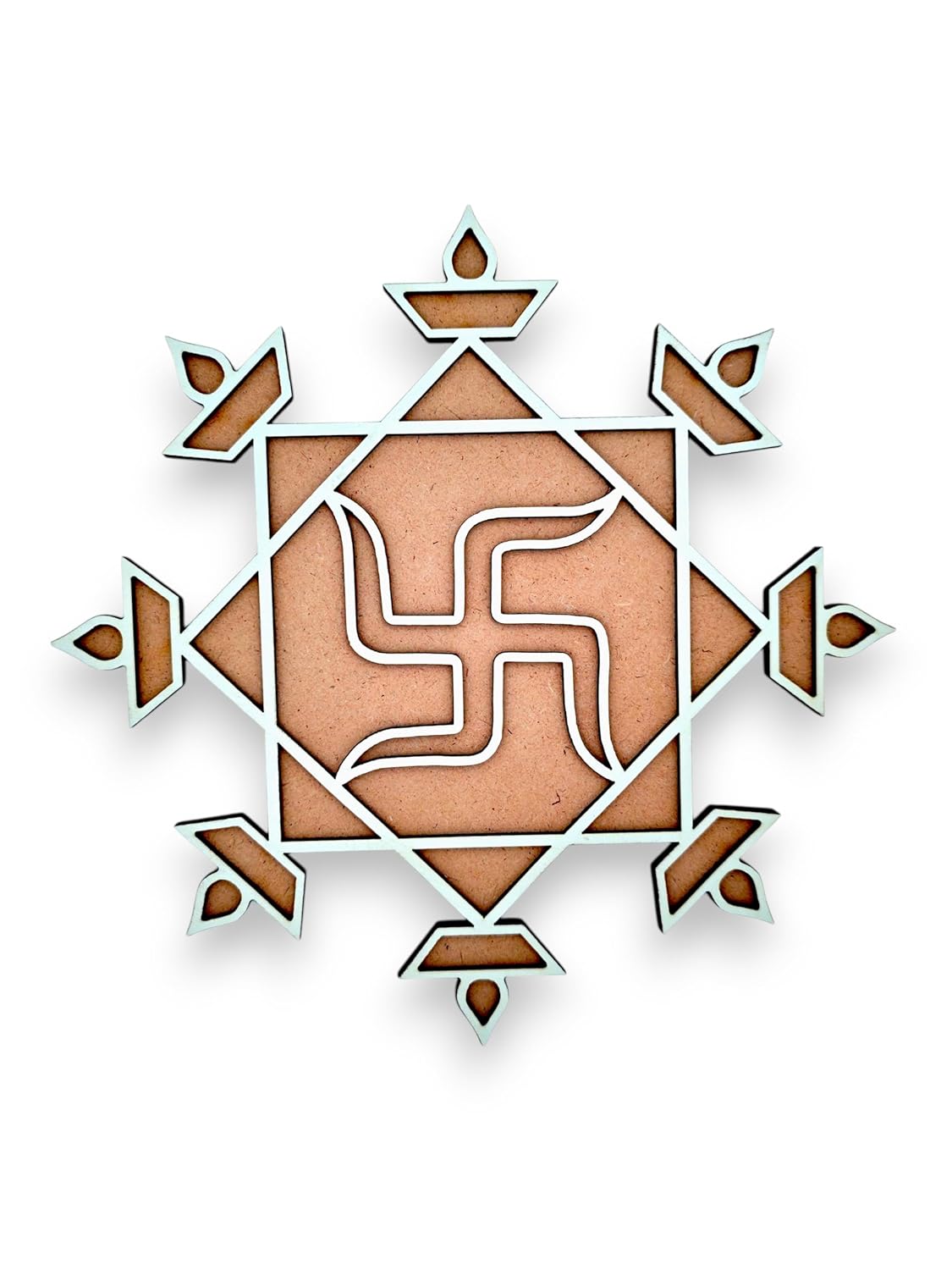 Woodiography Swastik and Diya Theme MDF Rangoli Cutout, 28 cm x 28 cm, 5 mm Thickness