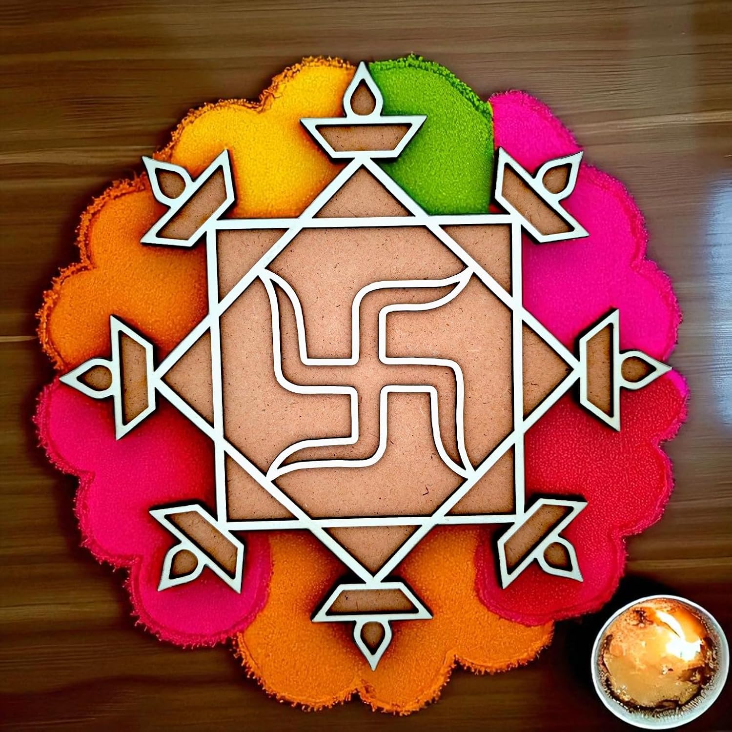 Woodiography Swastik and Diya Theme MDF Rangoli Cutout, 28 cm x 28 cm, 5 mm Thickness