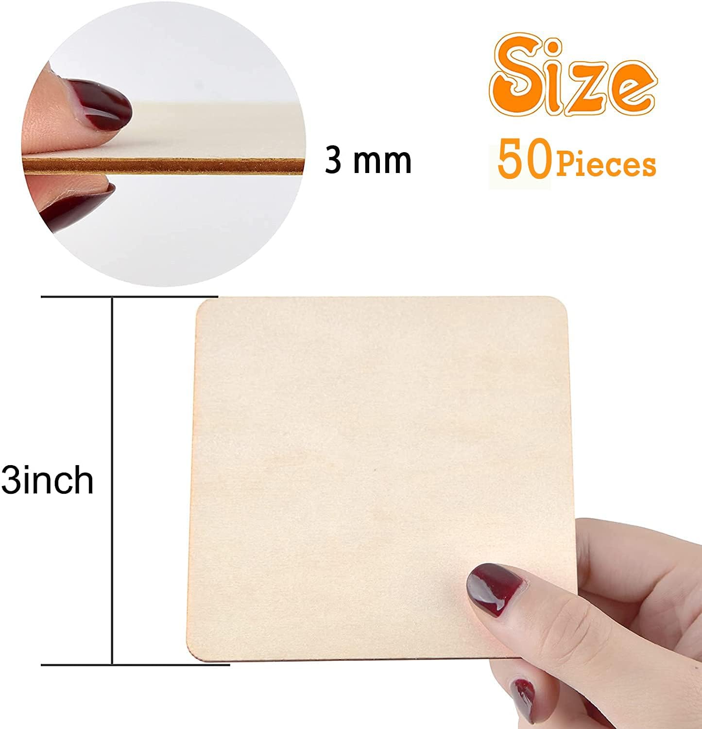 WOODIOGRAPHY Unfinished MDF Square Sheets, 7.6 cm (3 INCH), 50 Pieces, Round Corners, for DIY Arts and Crafts, Coaster, Resin Art, Drawings