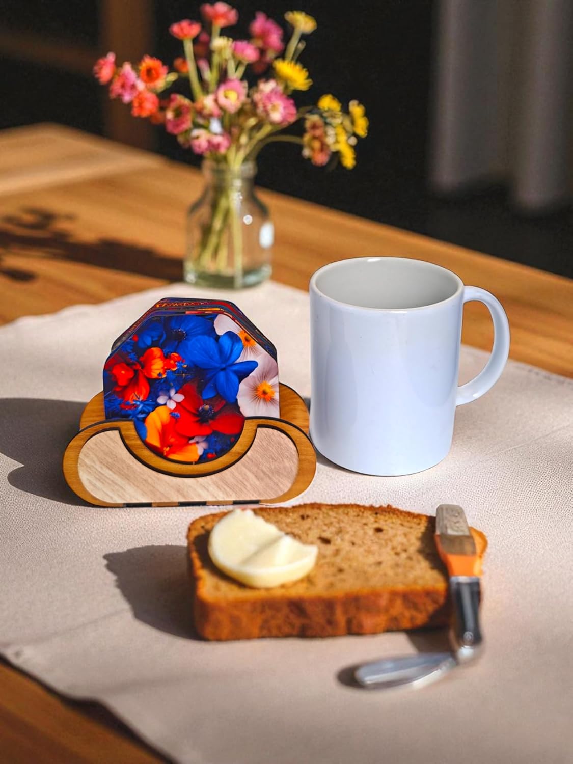 Woodiography Wooden Coasters colourfull Flower and leafe Theme Octagonal Set og 3.5 inch Set of 6 with Stand for Coffee Mug Tea Cup and Water Drinking Glass for Kitchen...