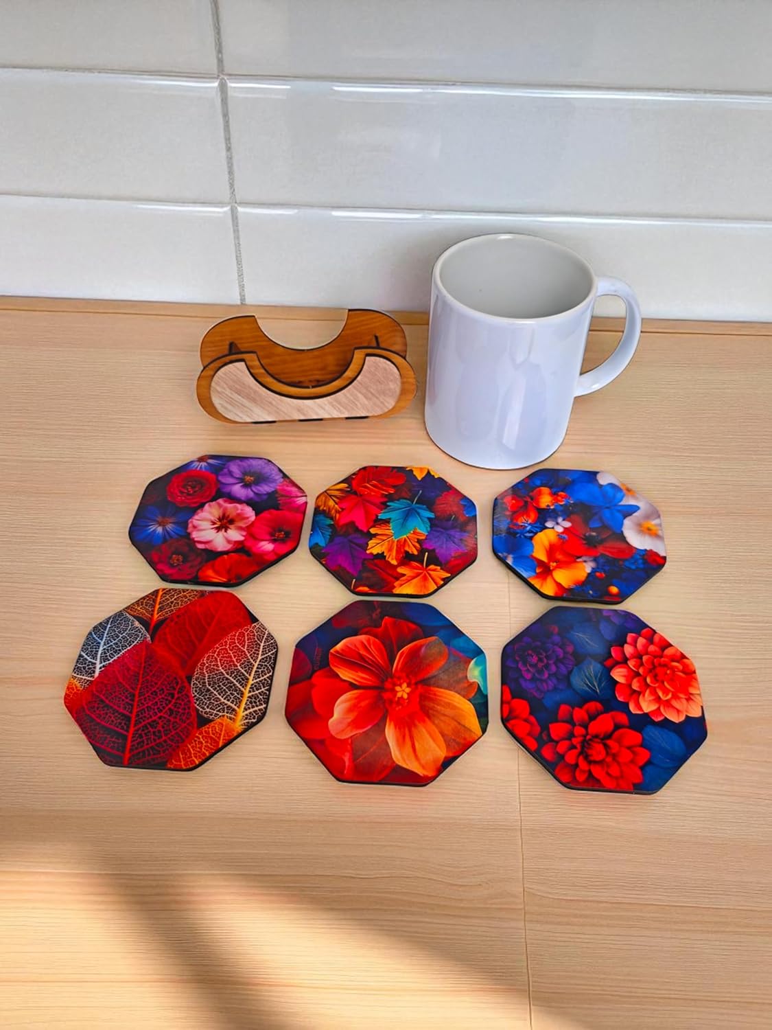 Woodiography Wooden Coasters colourfull Flower and leafe Theme Octagonal Set og 3.5 inch Set of 6 with Stand for Coffee Mug Tea Cup and Water Drinking Glass for Kitchen...