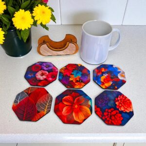 Woodiography Wooden Coasters colourfull Flower and leafe Theme Octagonal Set og 3.5 inch Set of 6 with Stand for Coffee Mug Tea Cup and Water Drinking Glass for Kitchen...