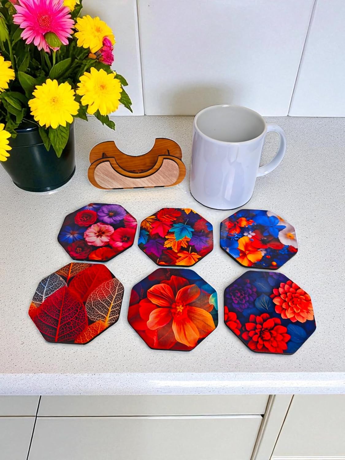 Woodiography Wooden Coasters colourfull Flower and leafe Theme Octagonal Set og 3.5 inch Set of 6 with Stand for Coffee Mug Tea Cup and Water Drinking Glass for Kitchen...
