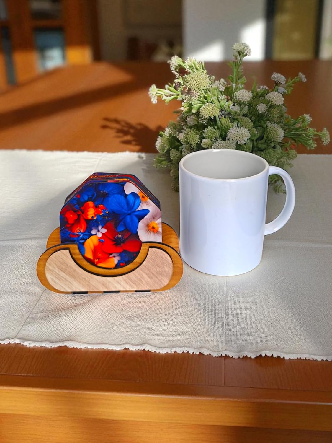 Woodiography Wooden Coasters colourfull Flower and leafe Theme Octagonal Set og 3.5 inch Set of 6 with Stand for Coffee Mug Tea Cup and Water Drinking Glass for Kitchen...