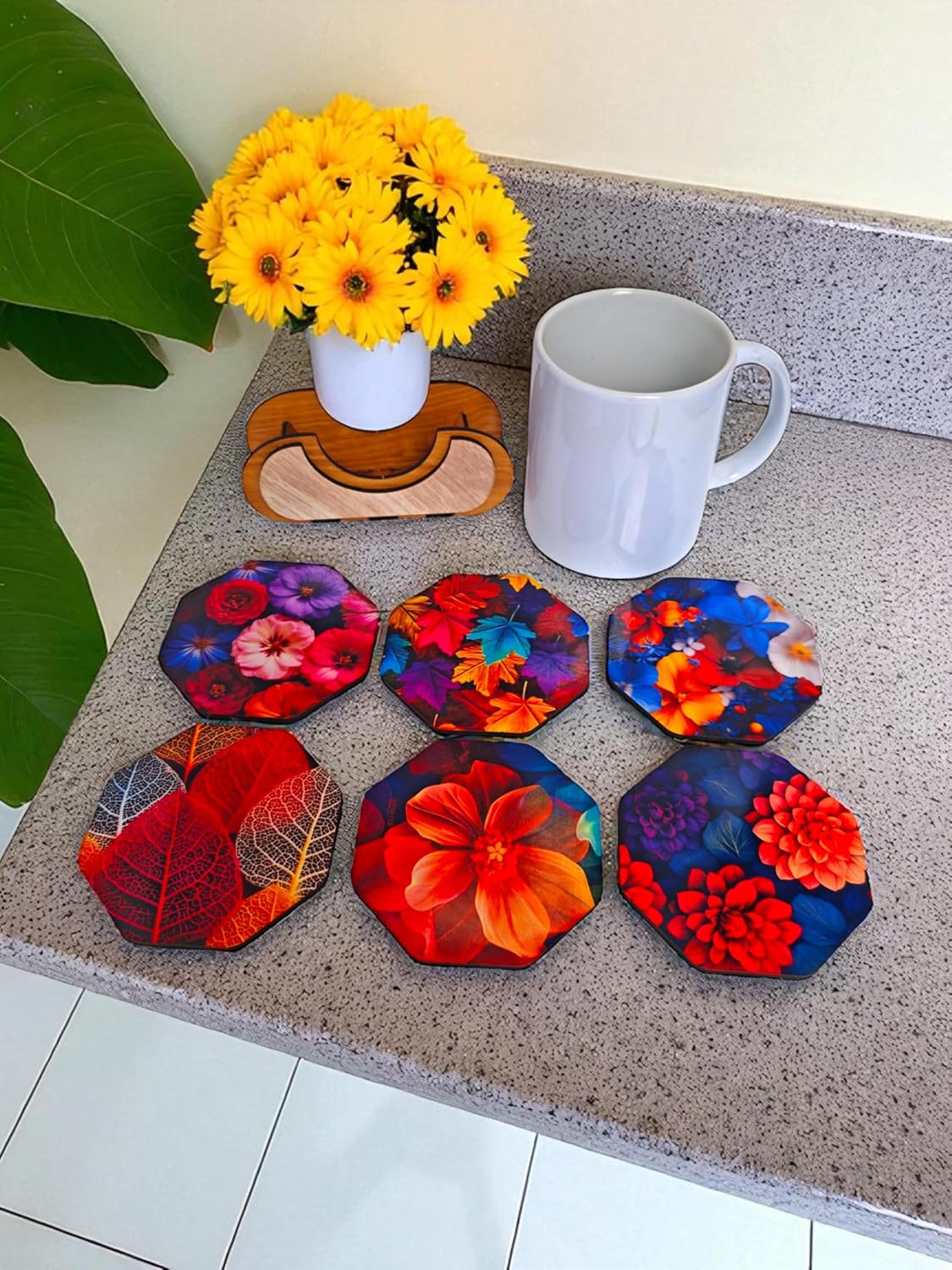 Woodiography Wooden Coasters colourfull Flower and leafe Theme Octagonal Set og 3.5 inch Set of 6 with Stand for Coffee Mug Tea Cup and Water Drinking Glass for Kitchen...
