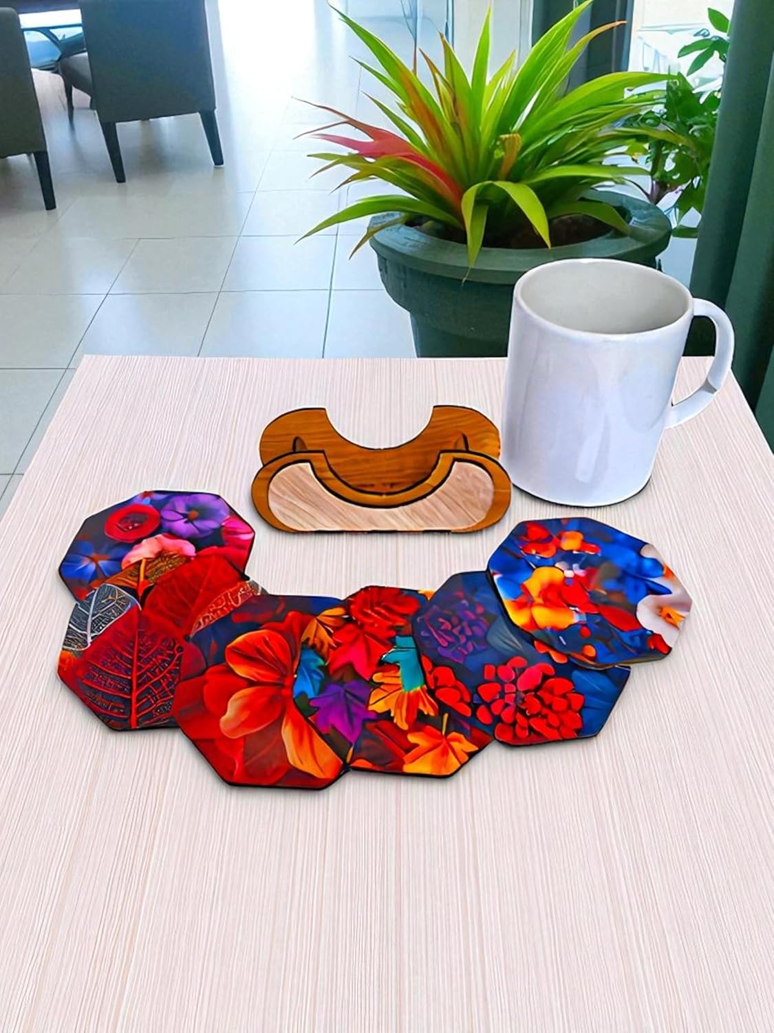 Woodiography Wooden Coasters colourfull Flower and leafe Theme Octagonal Set og 3.5 inch Set of 6 with Stand for Coffee Mug Tea Cup and Water Drinking Glass for Kitchen...