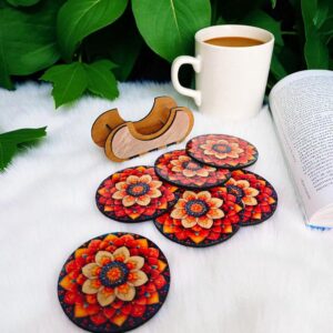 Woodiography Wooden Coasters Flower Theme 3.5 inch Circle Shape Set of 6 with Stand for Coffee Mug Tea Cup and Water Drinking Glass for Home Kitchen Office and Restaurant