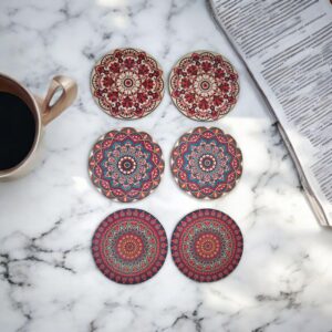 Woodiography Wooden Coasters Mandala Theme Size 3.5 inch Circle Set of 6 with Stand for Coffee cug Tea Cup and Water Drinking Glass for Home Kitchen resturant and Office