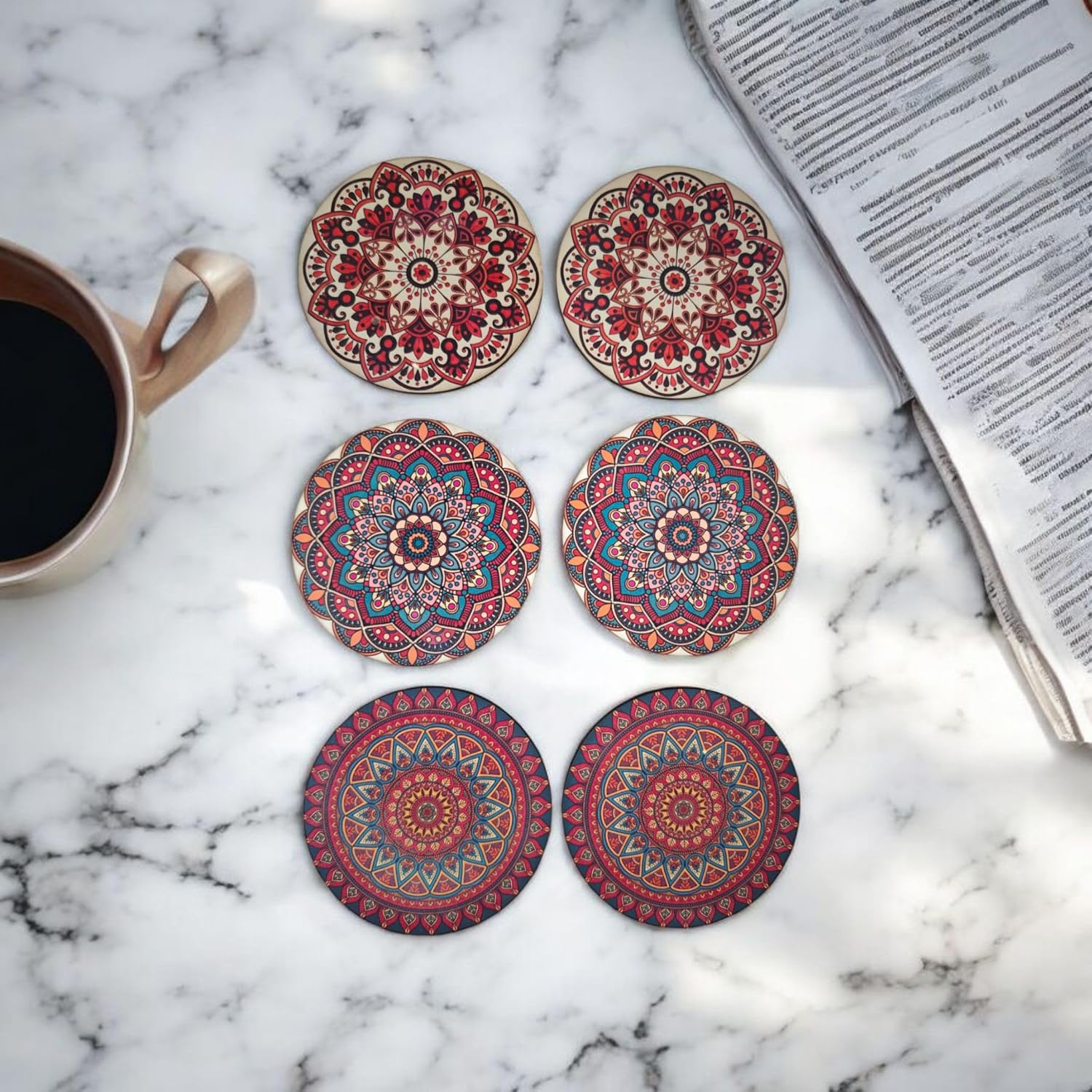 Woodiography Wooden Coasters Mandala Theme Size 3.5 inch Circle Set of 6 with Stand for Coffee cug Tea Cup and Water Drinking Glass for Home Kitchen resturant and Office
