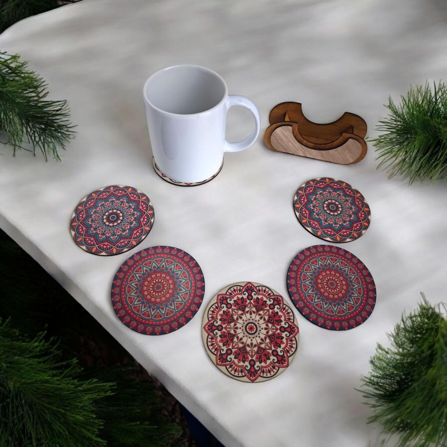 Woodiography Wooden Coasters Mandala Theme Size 3.5 inch Circle Set of 6 with Stand for Coffee cug Tea Cup and Water Drinking Glass for Home Kitchen resturant and Office