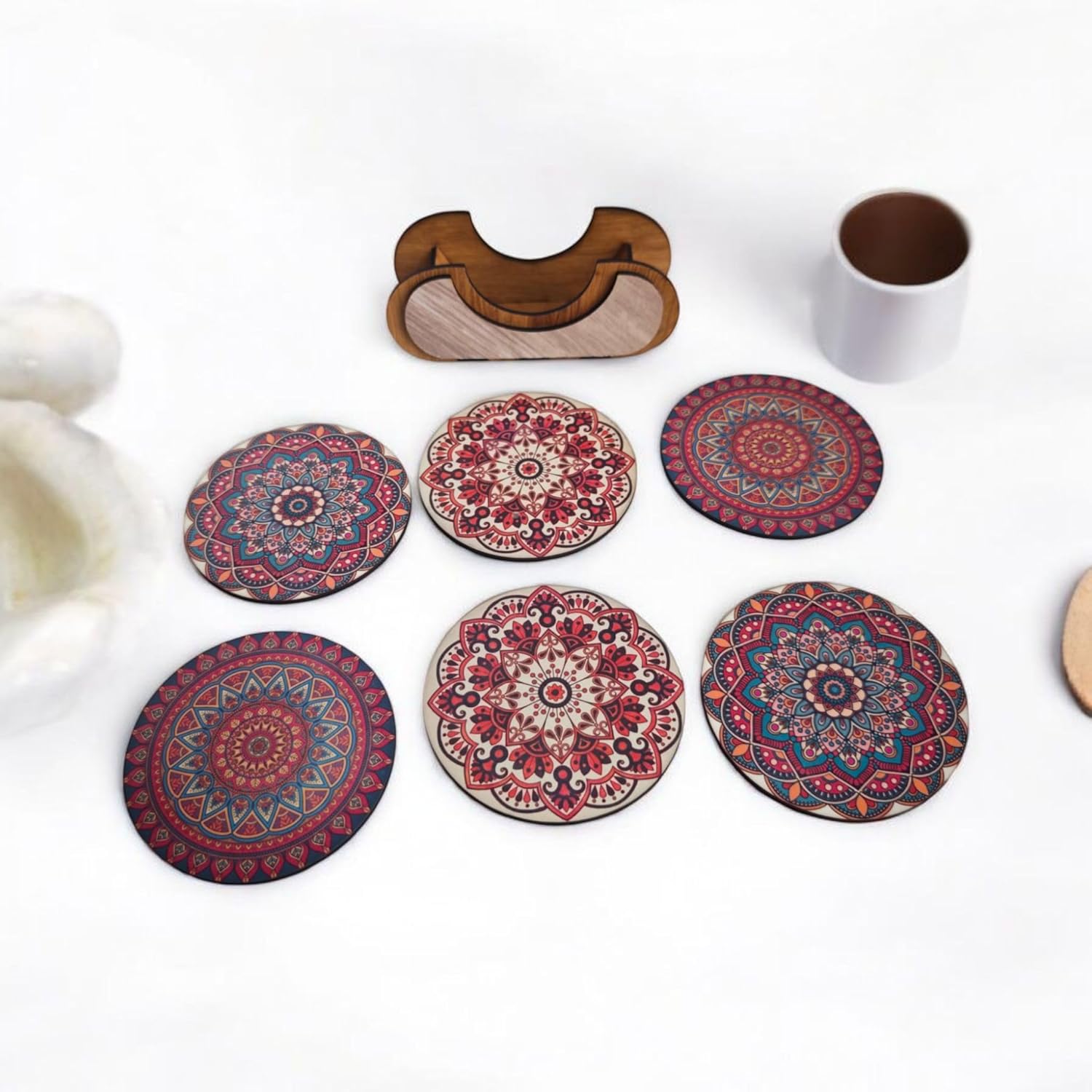 Woodiography Wooden Coasters Mandala Theme Size 3.5 inch Circle Set of 6 with Stand for Coffee cug Tea Cup and Water Drinking Glass for Home Kitchen resturant and Office
