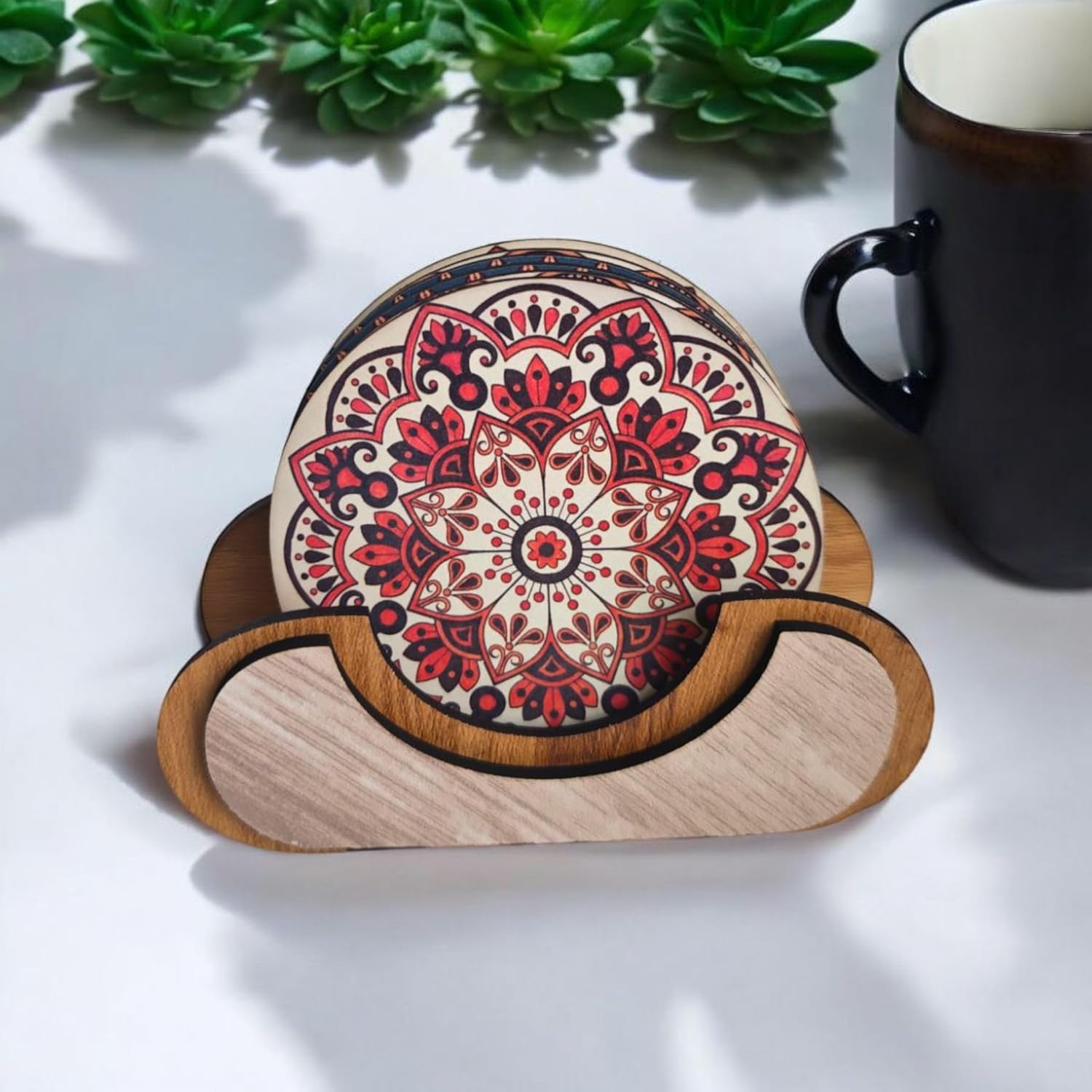 Woodiography Wooden Coasters Mandala Theme Size 3.5 inch Circle Set of 6 with Stand for Coffee cug Tea Cup and Water Drinking Glass for Home Kitchen resturant and Office