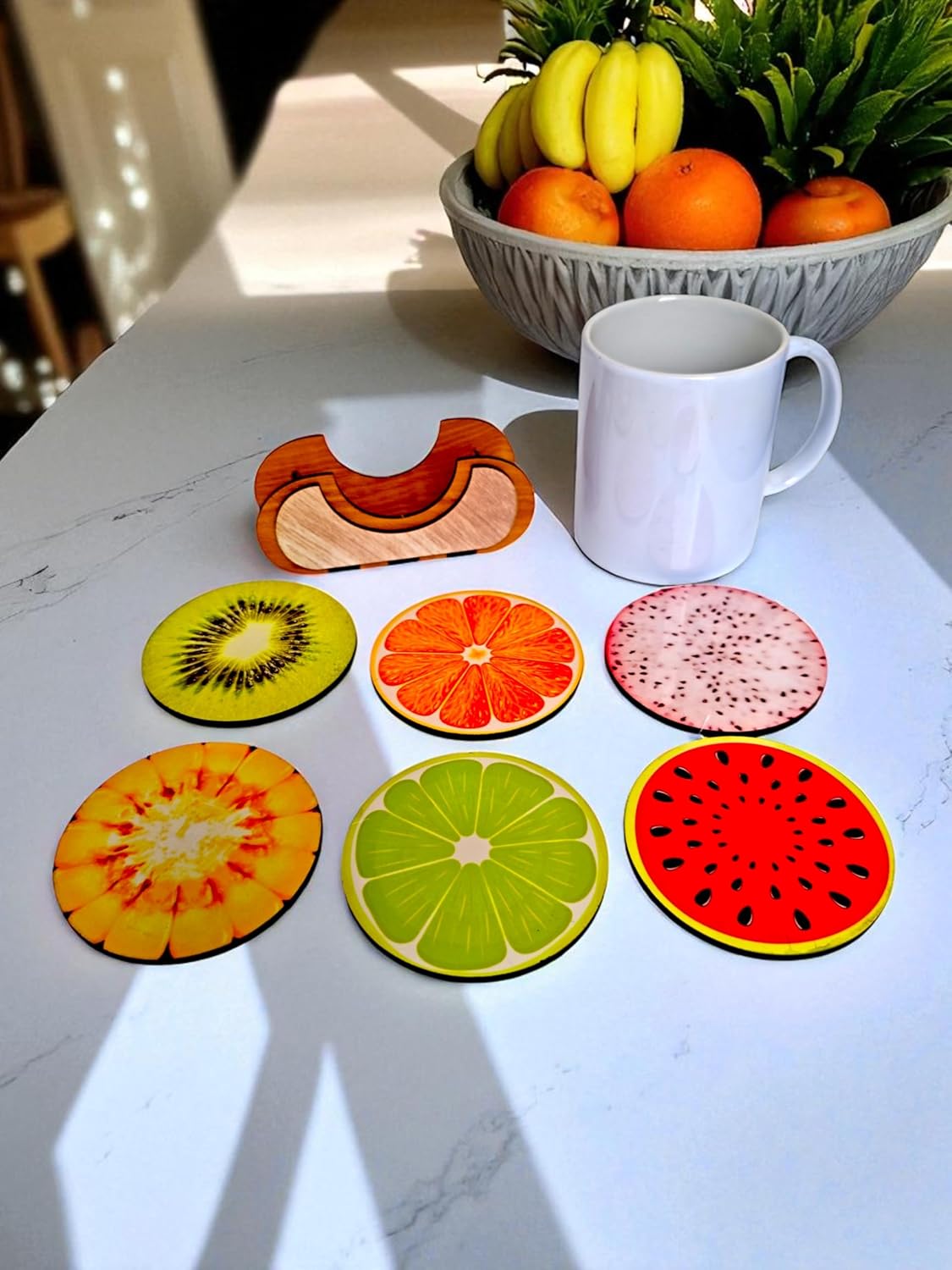 Woodiography Wooden Fruit Design Coaster Set, 6 Pieces with Holder, 8.9 x 8.9 cm, Multicolour for Coffe Mug Tea Cup and Water Drinking Glass