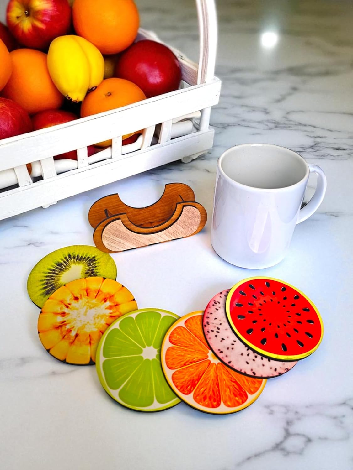 Woodiography Wooden Fruit Design Coaster Set, 6 Pieces with Holder, 8.9 x 8.9 cm, Multicolour for Coffe Mug Tea Cup and Water Drinking Glass
