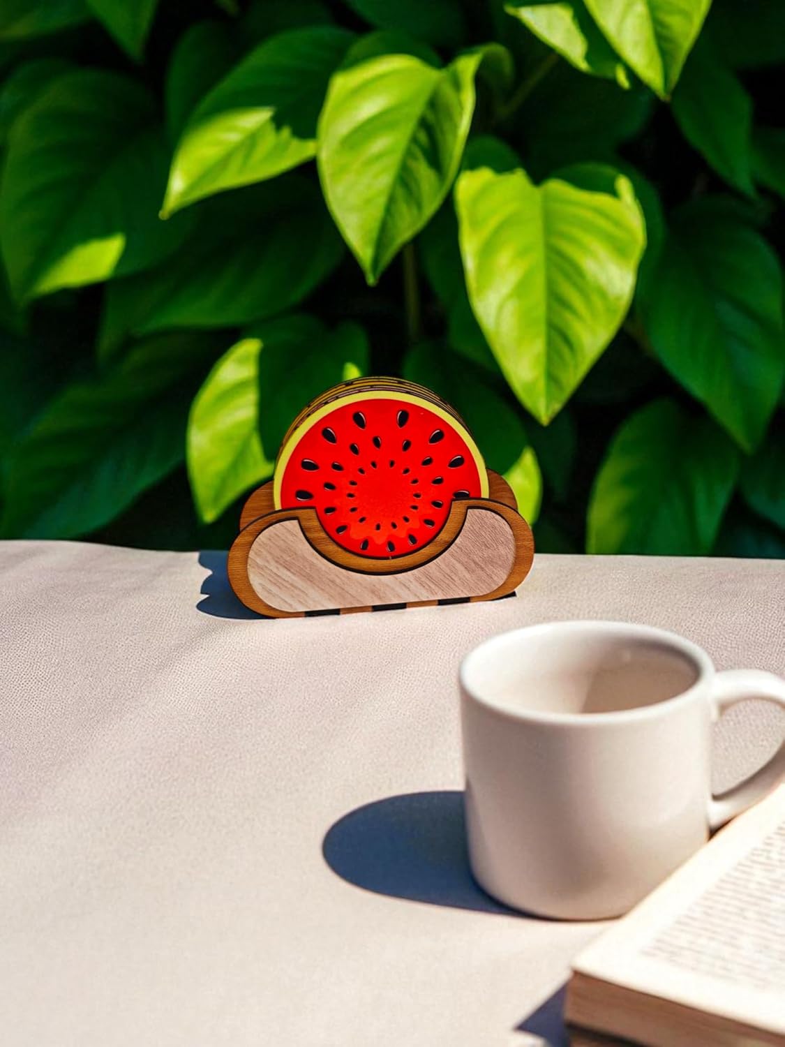 Woodiography Wooden Fruit Design Coaster Set, 6 Pieces with Holder, 8.9 x 8.9 cm, Multicolour for Coffe Mug Tea Cup and Water Drinking Glass