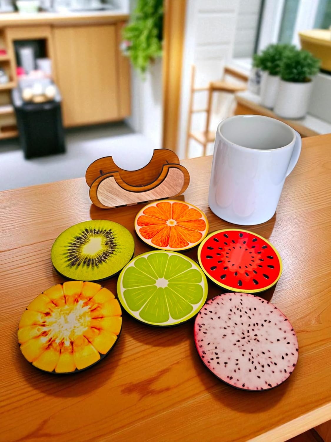 Woodiography Wooden Fruit Design Coaster Set, 6 Pieces with Holder, 8.9 x 8.9 cm, Multicolour for Coffe Mug Tea Cup and Water Drinking Glass