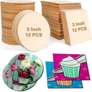 WOODIOGRAPHY Wooden MDF Art Boards 3 Inch Round Set of 12 and 3 inch Square Set of 12, 3mm Thick, 12 Pieces Each, for Crafts and Painting