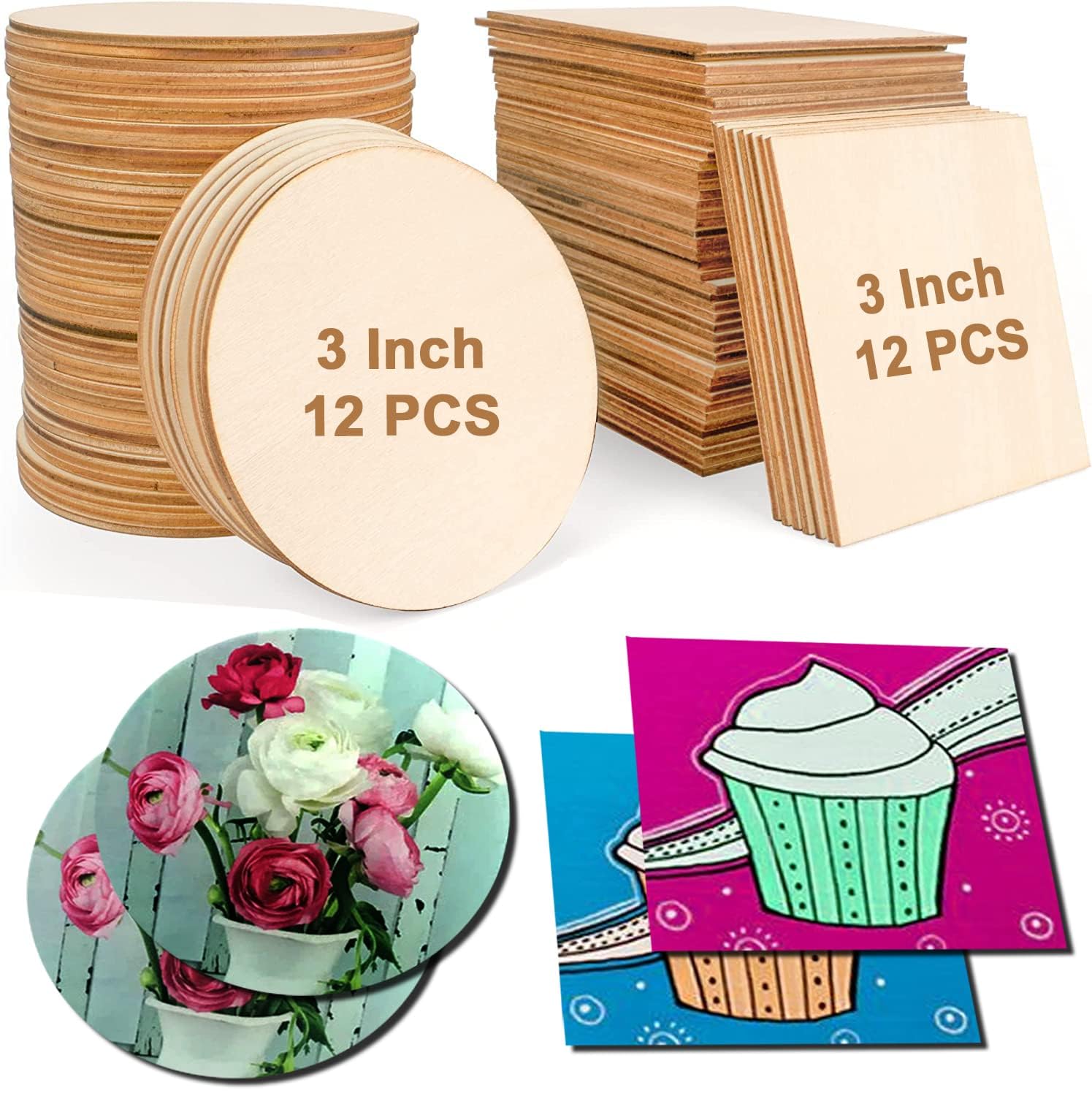 WOODIOGRAPHY Wooden MDF Art Boards 3 Inch Round Set of 12 and 3 inch Square Set of 12, 3mm Thick, 12 Pieces Each, for Crafts and Painting