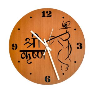 woodiography Wooden Wall Clock Hand Crafted for Home Decoration Shree Krishna Dwarkadhis Temple Theme