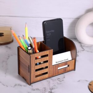 Woodiography Wooden Desk Organiser with Phone Stand, Pen Holder & Card Slot (17.5 x 10 x 7.5 cm)