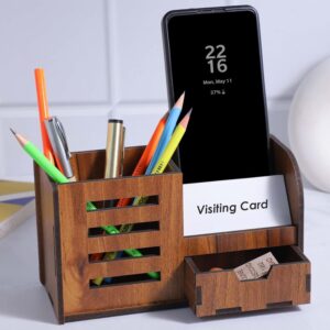 Woodiography Wooden Desk Organiser with Phone Stand & Multi-Compartment Storage (20 x 11 x 8 cm)