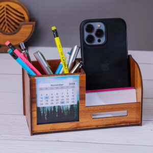 Woodiography Wooden Desk Organiser with Calendar, Phone Stand & Pen Holder (20 x 9 x 10 cm)