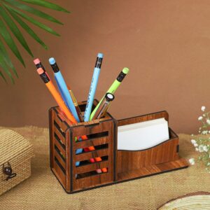 Woodiography Wooden Desk Organiser with Business Card & Pen Holder (10 x 6 x 9 cm)